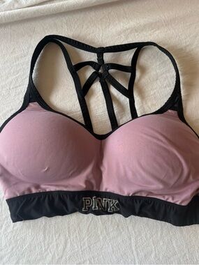 PINK Victoria's Secret Pink and Black Strappy Molded Sports Bra